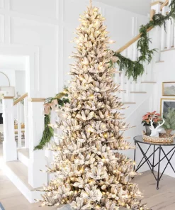11 ft Pre Lit Slim Flocked Christmas Tree with White LED