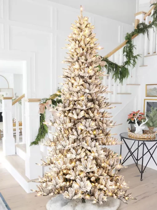 11 ft Pre Lit Slim Flocked Christmas Tree with White LED