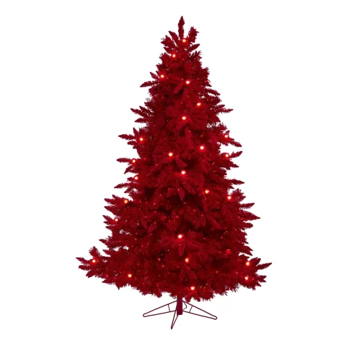 7' Red Flocked Fraser Fir Artificial Christmas Tree