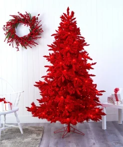 7' Red Flocked Fraser Fir Artificial Christmas Tree