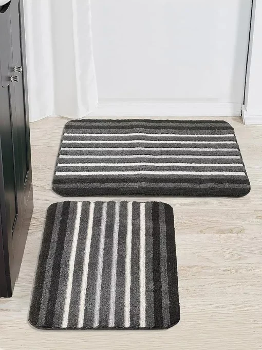 Saral Home Black Microfiber Stripes Bath Mat